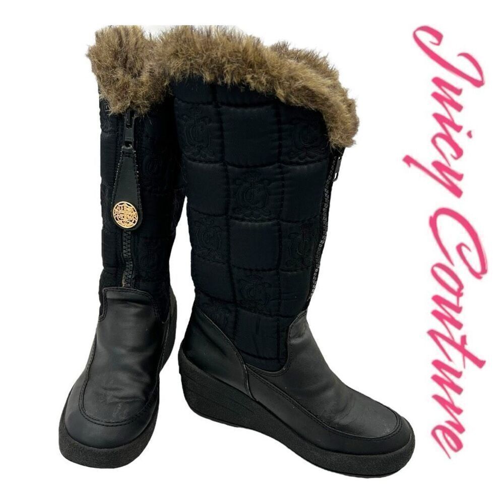 Juicy Couture Women's Size 7 Faux Fur Quilted Front Zip Wedge Winter Boots Black